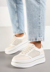 Beżowe Sneakersy w Streetwearowym Stylu na Grubej Podeszwie Ninolia. Brązowe obuwie sportowe damskie Born2be, z jeansu, bez zapięcia. Za 84.99 zł.