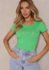 Zielony T-shirt z Bawełny Ozdobiony Napisem i Cyrkoniami Zreadia. Zielone t-shirty damskie Renee, l, bez wzorów, z bawełny, bez kołnierzyka. Za 34.99 zł.