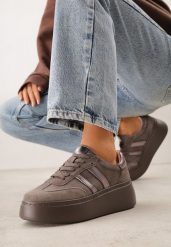 Brązowe Sneakersy z Zamszu Naturalnego na Platformie ze Skórzaną Wkładką Rionelle. Brązowe obuwie sportowe damskie Renee, z jeansu, bez zapięcia. Za 179.99 zł.