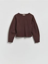 Gładka bluza - ciemnobrązowy. Brązowe bluzy damskie Reserved, l, bez wzorów, z bawełny, bez kaptura. Za 89.99 zł.