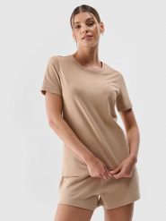 4F T-shirt regular gładki damski - beżowy XL. Brązowe t-shirty damskie 4F, xl, bez wzorów, z bawełny, bez kołnierzyka. Za 49.99 zł.