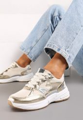 Złote Sneakersy Sznurowane Ozdobione Wstawkami z Materiału Eanfla. Żółte obuwie sportowe damskie Renee, bez zapięcia. Za 49.99 zł.