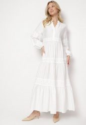 Biała Rozkloszowana Sukienka z Wiskozy Zdobiona Koronką Gonireth. Białe sukienki damskie Born2be, z aplikacjami, z jeansu, eleganckie, bez ramiączek. W wyprzedaży za 144.49 zł.