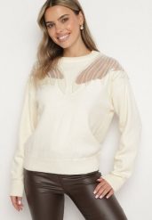 Jasnobeżowy Sweter z Siateczkowymi Wstawkami z Cekinami Perełkami i Koralikami Evoriana. Brązowe swetry klasyczne damskie Born2be, l, z jeansu, bez kołnierzyka. Za 129.99 zł.