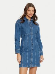 Guess Sukienka jeansowa W5RK99 D4H71 Niebieski Regular Fit. Niebieskie sukienki damskie Guess, z aplikacjami, z bawełny, bez ramiączek. Za 339.99 zł.