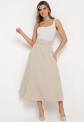 Jasnobeżowa Gładka Spódnica Maxi z Gumką w Pasie i Klamrą Orirsa. Brązowe spódnice damskie Born2be, m, bez wzorów, eleganckie, maxi. Za 79.99 zł.