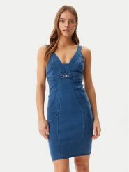 Guess Sukienka jeansowa W5GK75 D5LK0 Niebieski Regular Fit. Niebieskie sukienki damskie Guess, z aplikacjami, z bawełny, bez ramiączek. Za 397.00 zł.