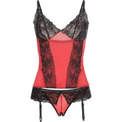 Top z paskami do pończoch + stringi "ouvert" (2 części) bonprix czarno-czerwony. Czarne komplety bielizny bonprix, w koronkowe wzory, z koronki. Za 74.99 zł.