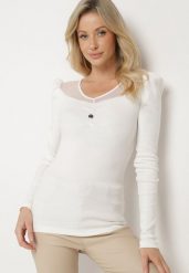 Biała Bawełniana Bluzka z Prążkowanego Materiału z Metaliczną Aplikacją Esaloren. Białe bluzki damskie Born2be, z aplikacjami, z bawełny, klasyczne, bez kołnierzyka, bez ramiączek. Za 54.99 zł.