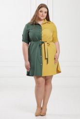 Wyjątkowa dwukolorowa sukienka Cindy oliwkowo-żółta rękaw 3/4PLUS SIZE. Zielone sukienki damskie Moda Size Plus Iwanek, bez wzorów, z elastanu, eleganckie, bez ramiączek. Za 189.90 zł.