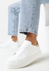 Biało-Złote Sneakersy na Płaskiej Podeszwie z Okrągłym Noskiem Azethia. Białe obuwie sportowe damskie Born2be, bez zapięcia. Za 59.99 zł.