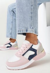 Biało-Różowe Sneakersy z Metaliczną Wstawką i Przeszyciami Natasina. Białe obuwie sportowe damskie Born2be, bez zapięcia. Za 84.99 zł.