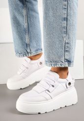 Białe Sneakersy na Platformie ze Skóry Naturalnej z Ozdobnym Paskiem Reselle. Białe obuwie sportowe damskie Renee, ze skóry, bez zapięcia. Za 199.99 zł.