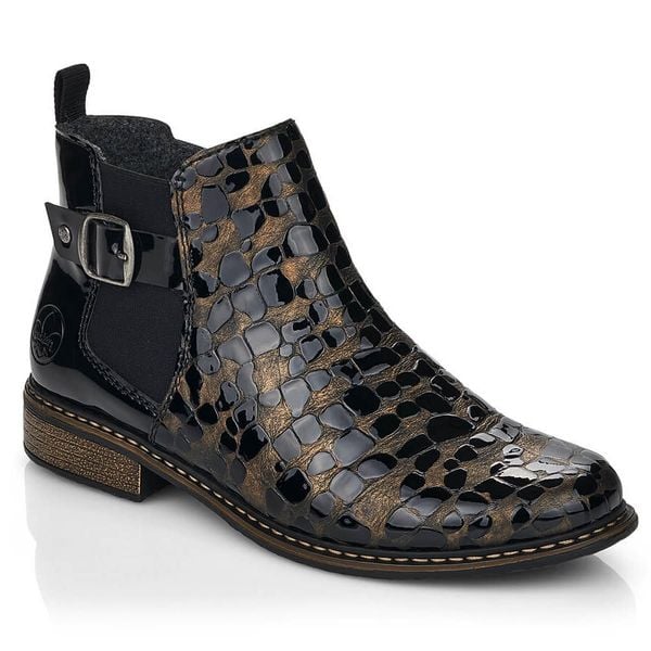 Skórzane sztyblety damskie lakierowane Rieker Z4965-90. Botki damskie Rieker, z lakierowanej skóry, bez obcasa, bez zapięcia. Za 379.00 zł.