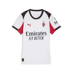 Damska koszulka wyjazdowa AC Milan 25/26 PUMA White For All Time Red. Białe bluzki damskie Puma, bez wzorów, sportowe, bez kołnierzyka, bez ramiączek. Za 439.00 zł.