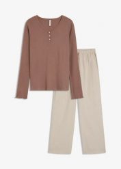 Piżama: bluza z prążkowanej dzianiny i spodnie z tkaniny. Brązowe bluzy damskie bonprix, bez wzorów, z dzianiny. Za 129.99 zł.