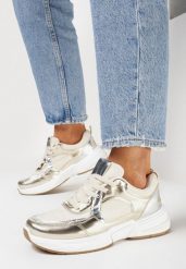 Beżowo-Złote Sneakersy z Metaliczną Lamówką Ovanaia. Brązowe obuwie sportowe damskie Born2be, z jeansu, bez zapięcia. Za 54.99 zł.