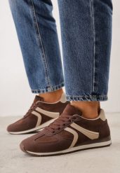 Brązowe Sneakersy Sportowe z Imitacji Zamszu z Geometrycznymi Wstawkami Shanoom. Brązowe obuwie sportowe casual damskie Born2be, z dzianiny, bez zapięcia. Za 119.99 zł.