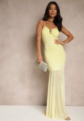 Żółta Sukienka na Ramiączkach z Wiskozą z Siateczkowym Zdobieniem Savorielle. Żółte sukienki damskie Renee, z aplikacjami, z wiskozy, eleganckie, bez ramiączek. W wyprzedaży za 107.99 zł.