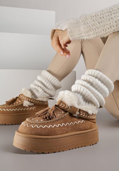 Brązowe Śniegowce na Grubej Podeszwie z Frędzlami i Haftem Linodis. Brązowe śniegowce damskie Born2be, z jeansu. Za 119.99 zł.