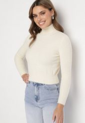 Jasnobeżowy Zimowy Golf ze Ściągaczami Lariviel. Brązowe golfy damskie Born2be, m, bez wzorów, z jeansu, bez ramiączek. Za 29.99 zł.