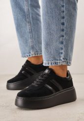 Czarne Zamszowe Sneakersy na Grubej Podeszwie ze Skórzaną Wkładką Riovessa. Czarne obuwie sportowe damskie Born2be, z jeansu, bez zapięcia. Za 189.99 zł.