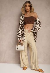 Beżowe Spodnie High Waist o Szerokim Kroju z Wiązaniem Telisiela. Brązowe spodnie materiałowe damskie Renee, bez wzorów, z jeansu. Za 39.99 zł.