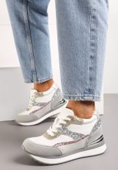 Szaro-Różowe Sneakersy na Ukrytym Koturnie Ozdobione Brokatem Yavina. Białe obuwie sportowe damskie Born2be, bez zapięcia. Za 139.99 zł.