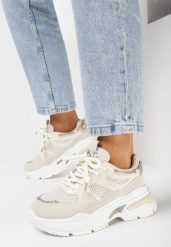 Beżowe Sneakersy na Grubej Podeszwie z Brokatowymi Wstawkami i Cyrkoniami Wirnessa. Brązowe obuwie sportowe damskie Born2be, z jeansu, bez zapięcia. Za 64.99 zł.