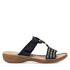 Klapki Rieker. Niebieskie klapki damskie Rieker, bez wzorów, bez obcasa, bez zapięcia. Za 279.99 zł.