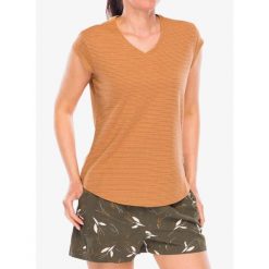 Koszulka turystyczna damska Royal Robbins Vacationer V-Neck SS. Brązowe koszulki sportowe damskie ROYAL ROBBINS, bez wzorów, bez ramiączek. Za 245.99 zł.