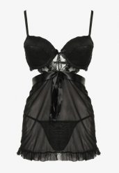 Czarna Koszula Nocna Push Up z Siateczki i Wiązaniem ze Stringami Boreale. Czarne koszule nocne i halki Born2be, bez wzorów, z satyny, bez ramiączek. Za 44.99 zł.