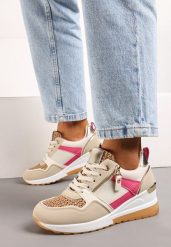 Beżowo-Różowe Sneakersy na Niewysokim Koturnie Ozdobione Suwakiem i Wstawkami Liorrama. Brązowe obuwie sportowe damskie Renee, z materiału, bez zapięcia. Za 99.99 zł.