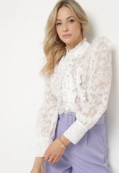 Biała Koszula z Koronki z Ozdobnymi Guzikami Zelmi. Białe koszule damskie Born2be, m, bez wzorów, z jeansu, klasyczne, bez kołnierzyka, bez ramiączek. Za 44.99 zł.