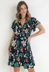 Granatowa Sukienka Mini z Gumką w Pasie i Krótkimi Rękawami z Wiskozy Ferny. Niebieskie sukienki damskie Born2be, bez wzorów, z wiskozy, bez ramiączek. Za 89.99 zł.