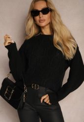 Czarny Sweter z Dodatkiem Wełny ze Ściągaczami i Splotem Teriela. Czarne swetry klasyczne damskie Renee, l, z jeansu, bez kołnierzyka. Za 44.99 zł.