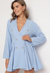 Niebieska Sukienka w Styku Marynarki Rozkloszowana z Guzikami Meliova. Niebieskie sukienki damskie Born2be, bez wzorów, biznesowe, bez ramiączek. W wyprzedaży za 110.49 zł.