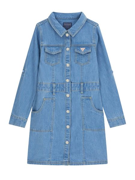 Guess Sukienka jeansowa J6RK32 D4EU0 Niebieski Regular Fit. Niebieskie sukienki dziewczęce Guess, z aplikacjami, z bawełny, bez ramiączek, proste. Za 329.99 zł.