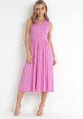 Różowa Sukienka Midi Bez Rękawów z Plisowanym Dołem Dreana. Czerwone sukienki damskie Born2be, bez wzorów, eleganckie, bez ramiączek. Za 259.99 zł.