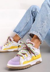 Żółto-Fioletowe Sneakersy Ozdobione Brokatem z Oryginalnym Sznurowaniem Patricie. Żółte obuwie sportowe damskie Renee, bez zapięcia. Za 109.99 zł.