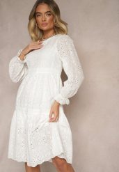 Biała Bawełniana Sukienka z Ażurowym Wzorem Ridittia. Białe sukienki damskie Renee, z aplikacjami, z bawełny, eleganckie, bez ramiączek. W wyprzedaży za 119.99 zł.