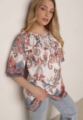 Czerwona Wiskozowa Bluzka w Etniczny Wzór z Frędzlami w Stylu Boho Raimine. Czerwone bluzki damskie Born2be, l, bez wzorów, z jeansu, biznesowe, bez kołnierzyka, bez ramiączek. Za 59.99 zł.