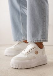 Białe Chunky Sneakersy VICES z Aplikacją na Platformie ze Żłobieniami Ilunatesa. Białe obuwie sportowe damskie Renee, z jeansu, bez zapięcia. Za 119.99 zł.