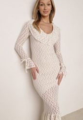 Beżowa Koktajlowa Sukienka Koronkowa z Dekoltem V i Falbanami Frevina. Brązowe sukienki damskie Born2be, bez wzorów, z koronki, klasyczne, bez ramiączek. Za 199.99 zł.