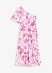 Sukienka one-shoulder ze strukturalnej wiskozy z nadrukiem. Białe sukienki damskie bonprix, bez wzorów, z wiskozy, bez ramiączek. Za 39.99 zł.