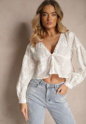 Biała Koszula Oversize z Bawełny Ozdobiona Haftowanymi Kwiatami Valiera. Białe koszule damskie Renee, l, bez wzorów, z bawełny, eleganckie, bez kołnierzyka, bez ramiączek. Za 89.99 zł.
