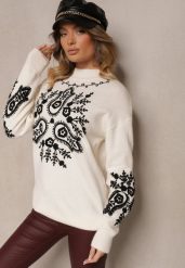 Jasnobeżowy Sweter z Wiskozą o Długim Kroju z Ozdobnym Haftem Adelithra. Brązowe swetry klasyczne damskie Renee, z jeansu, bez kołnierzyka. Za 139.99 zł.