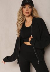 Czarna Bluza Bomberka ze Ściągaczami i Luźnymi Rękawami Nerati. Czarne bluzy damskie Renee, xl, bez wzorów, bez kaptura. Za 69.99 zł.
