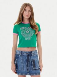 Guess Jeans T-Shirt W5YI03 J1314 Zielony Regular Fit. Zielone t-shirty damskie Guess Jeans, xxl, z aplikacjami, z bawełny, bez kołnierzyka. Za 109.99 zł.