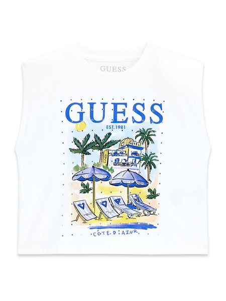 Guess Top J6GI12 K8HM4 Biały Regular Fit. Białe koszulki i t-shirty dziewczęce Guess, z aplikacjami, z bawełny, bez kołnierzyka, bez ramiączek. Za 83.99 zł.
